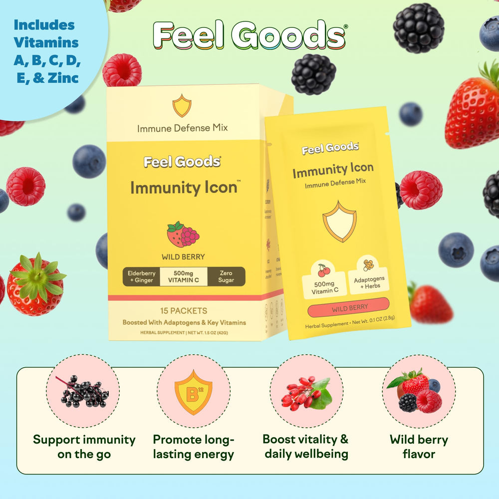 Feel Goods Immunity Icon stick pack opened with water for convenient immunity support.