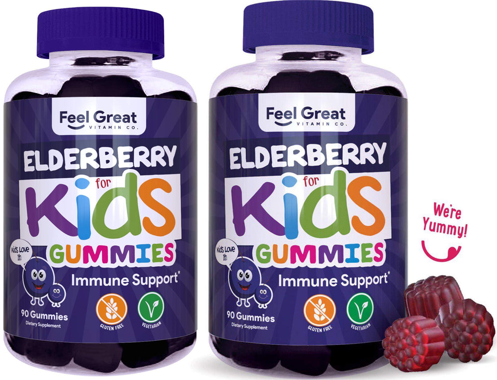 Feel Great 365 Kids Elderberry Gummies bottle with berry flavor suggesting daily immune support potential.