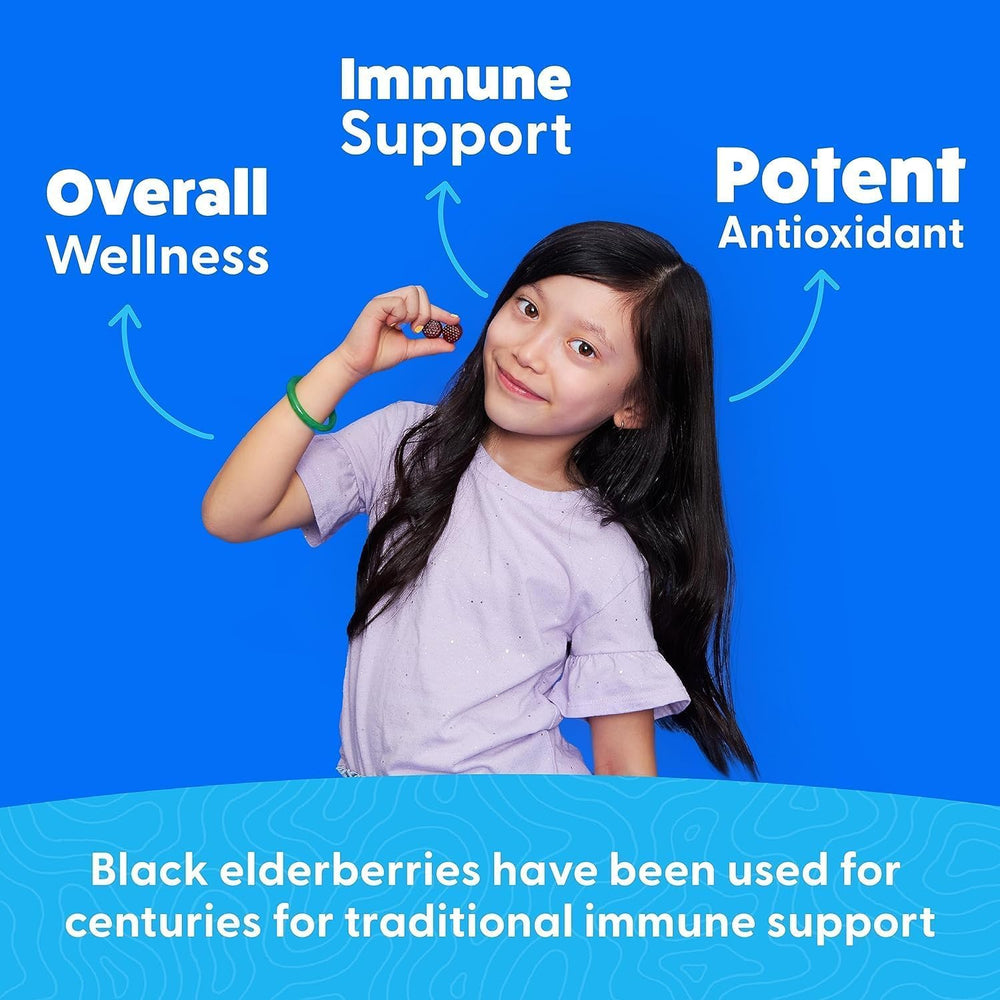 Feel Great 365 Kids Elderberry Gummies hands holding bottle for a family-friendly routine.