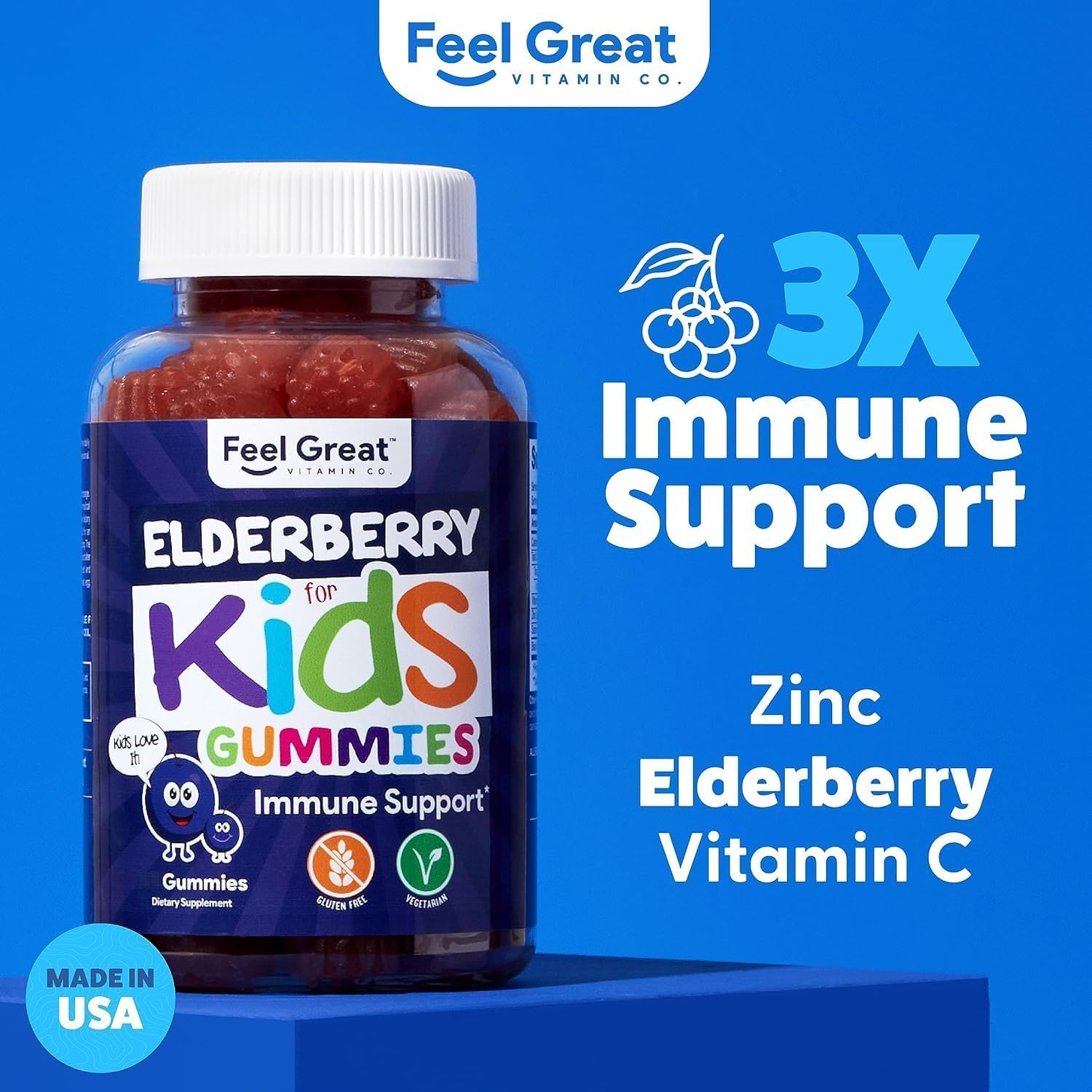 Feel Great 365 Kids Elderberry Gummies label highlights zinc and vitamin C.