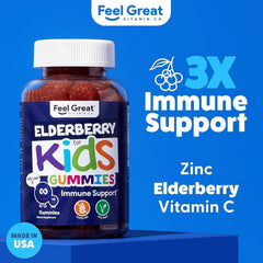 Feel Great 365 Kids Elderberry Gummies label highlights zinc and vitamin C.
