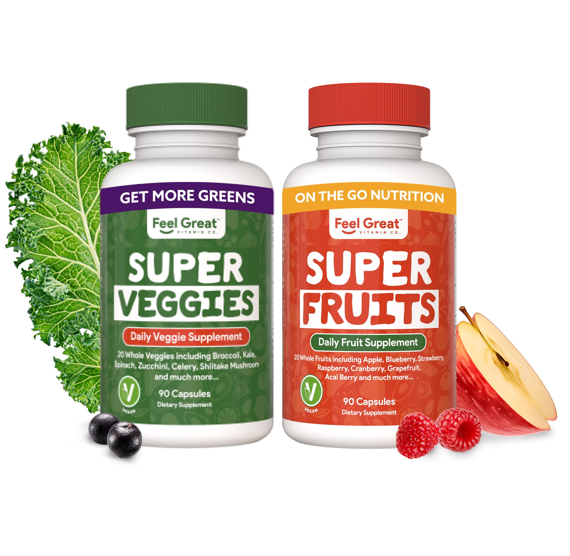 Feel Great fruit and veg supplements bottle on the go for daily nutrition.