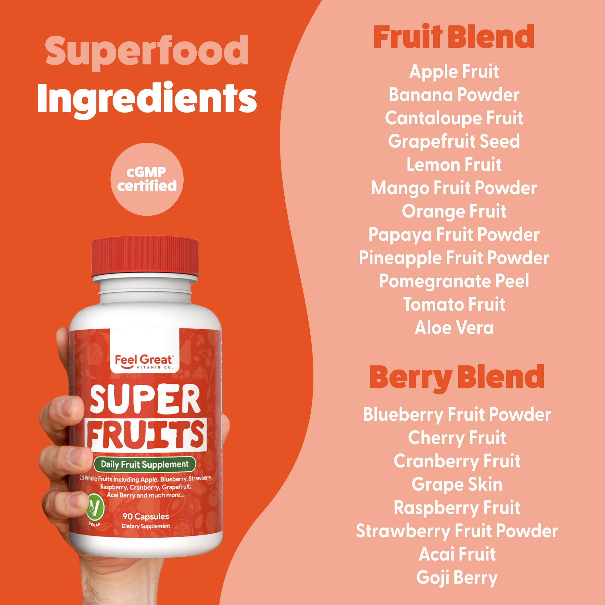 Close-up of Feel Great label highlighting a whole-food blend.