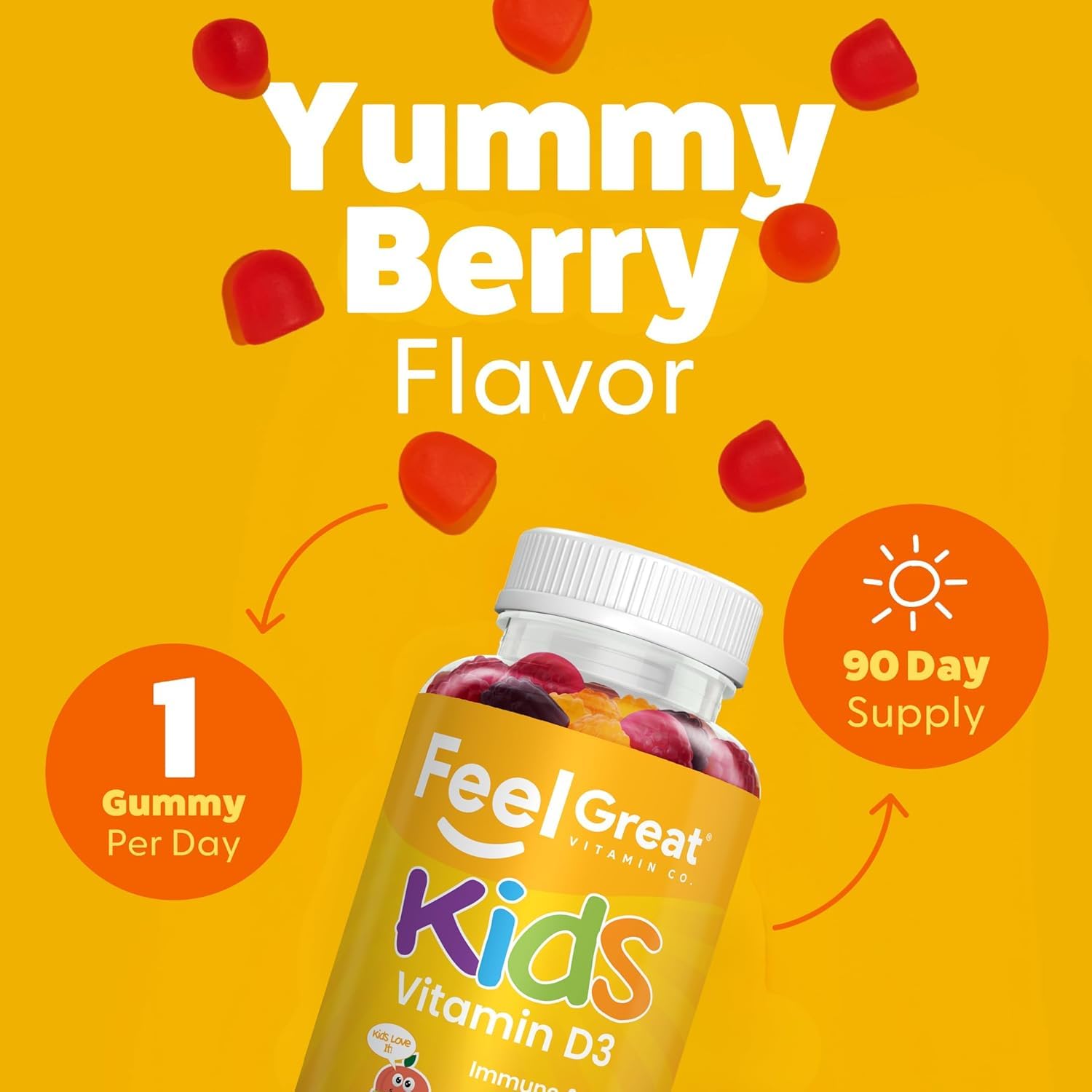 Front packaging shot highlights USA-made, gluten-free vitamin D3 for families.