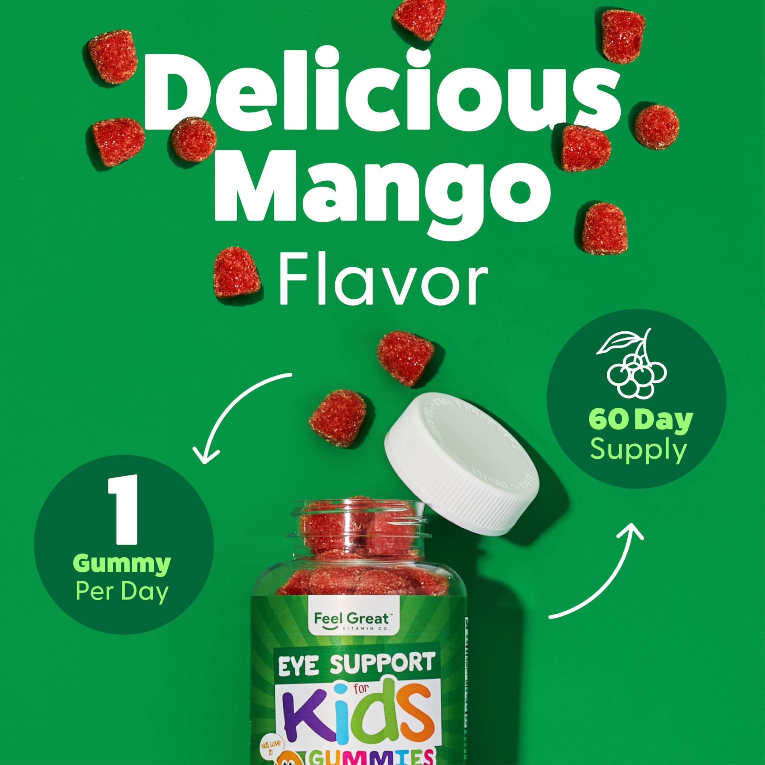 Bottle of Feel Great Kids Eyes gummies opened with cheerful kid-friendly design.