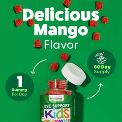 Bottle of Feel Great Kids Eyes gummies opened with cheerful kid-friendly design.