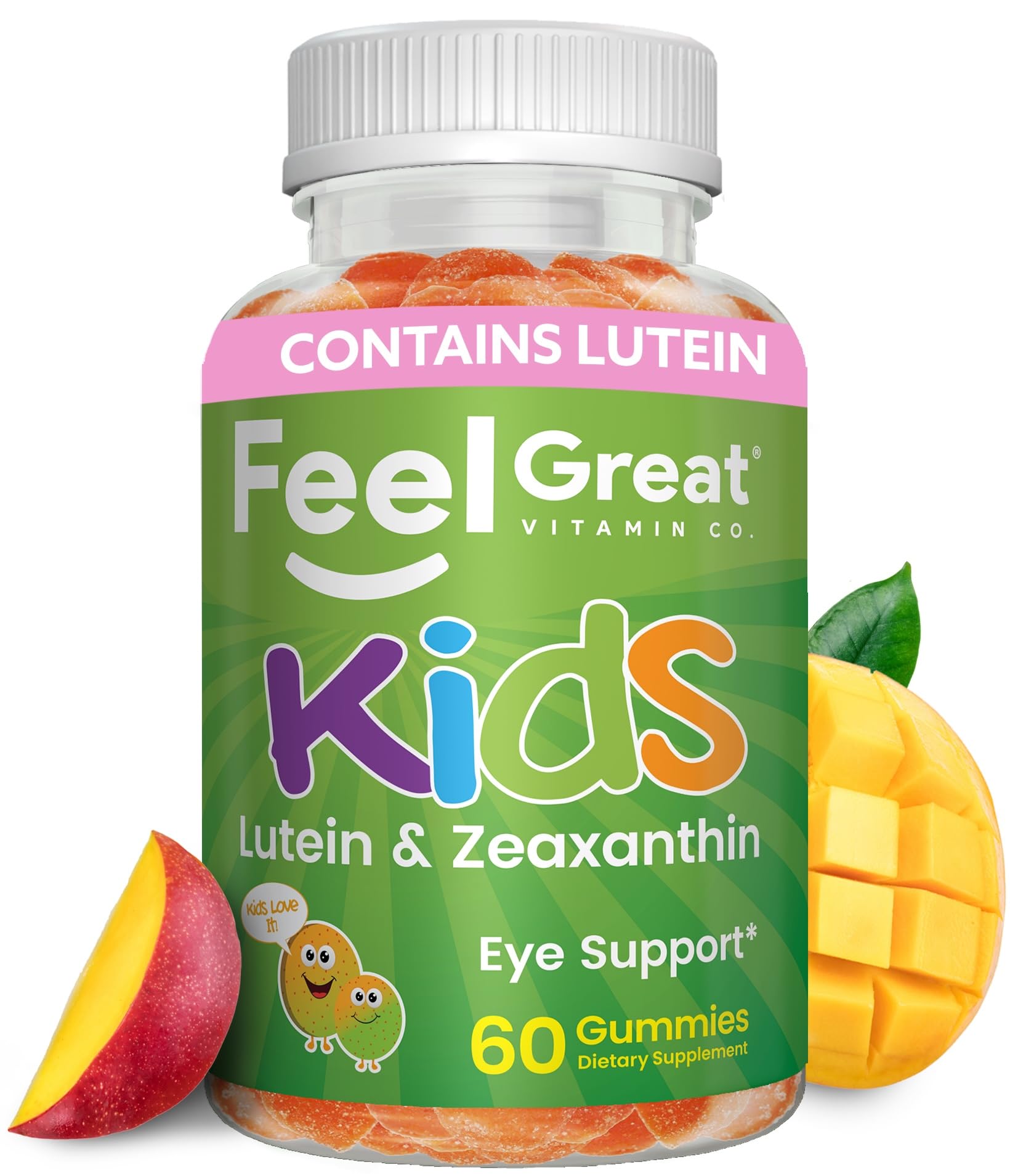The Feel Great Kids Eyes gummies bottle with mango flavor for daily eye vitamin support.