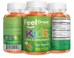 Box of Feel Great Kids Eyes gummies with mango imagery for flavor appeal.