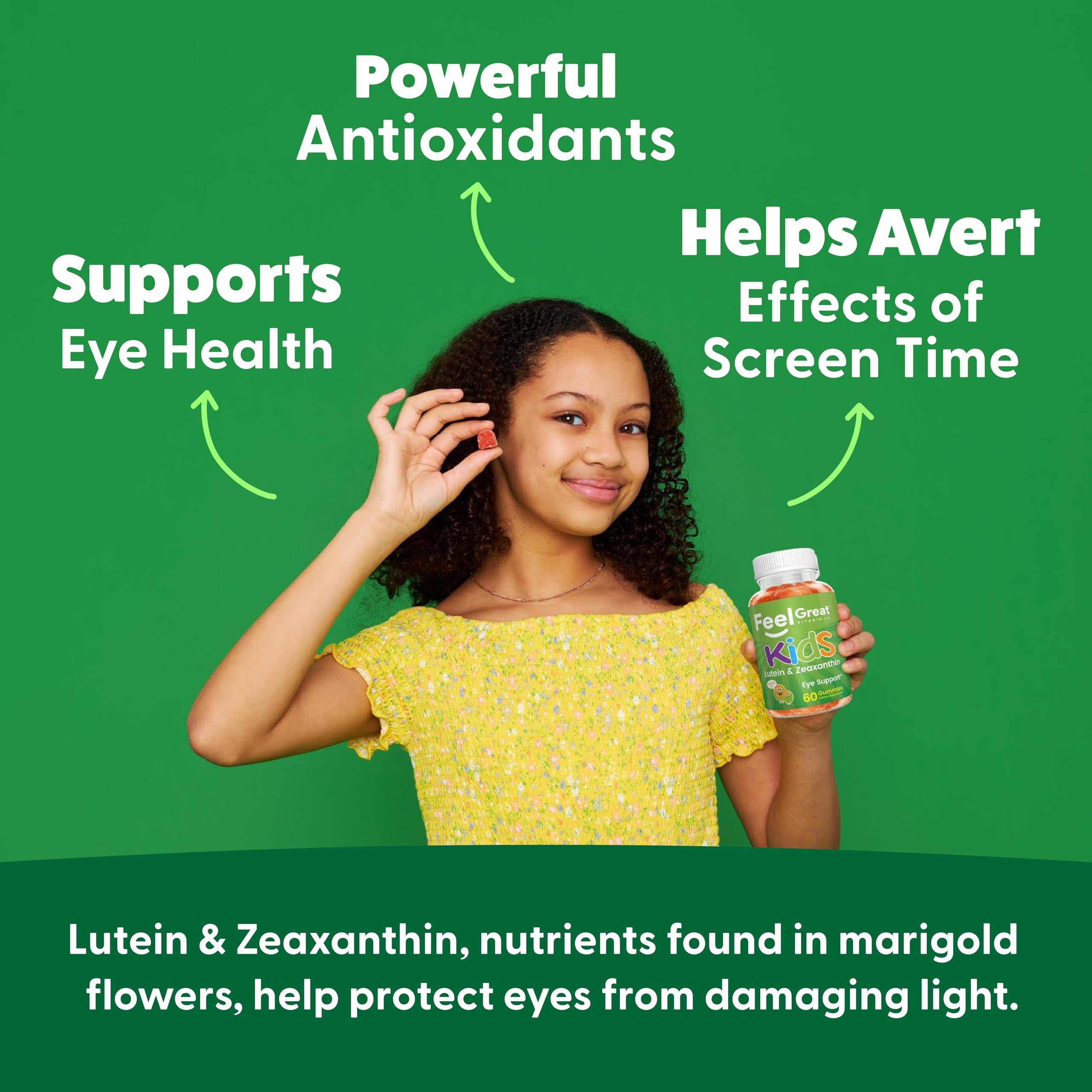 Close-up of Feel Great Kids Eyes gummies with mango flavor for kid-friendly taste.