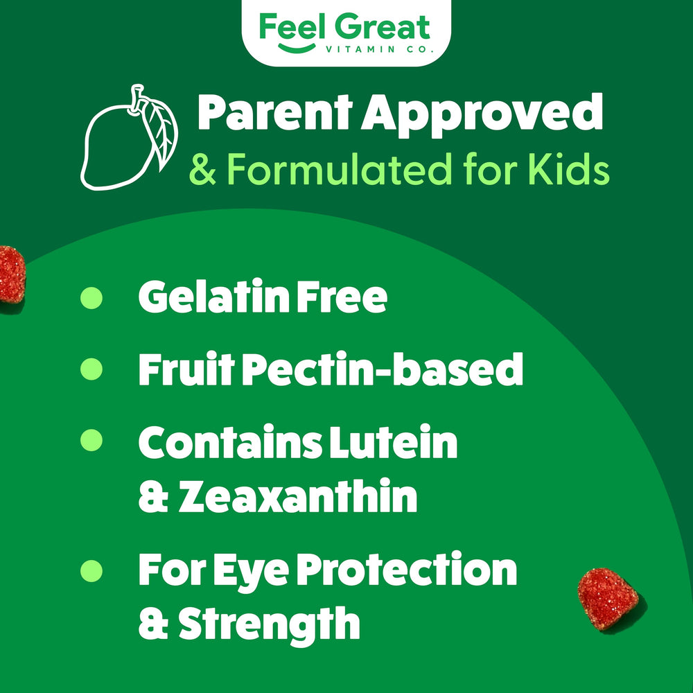Nutrient label on Feel Great Kids Eyes gummies showing lutein and zeaxanthin.