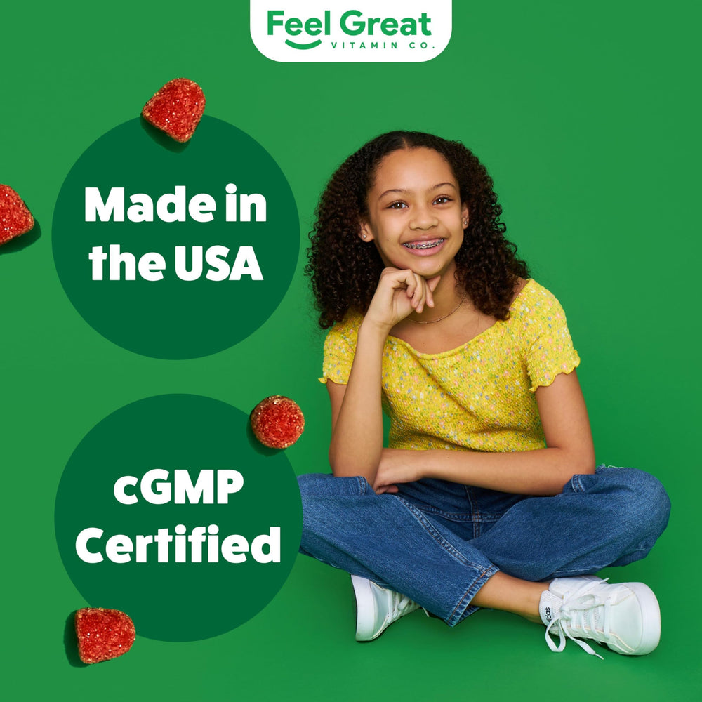 Gummy packaging highlighting vegan formulation on Feel Great Kids Eyes label.