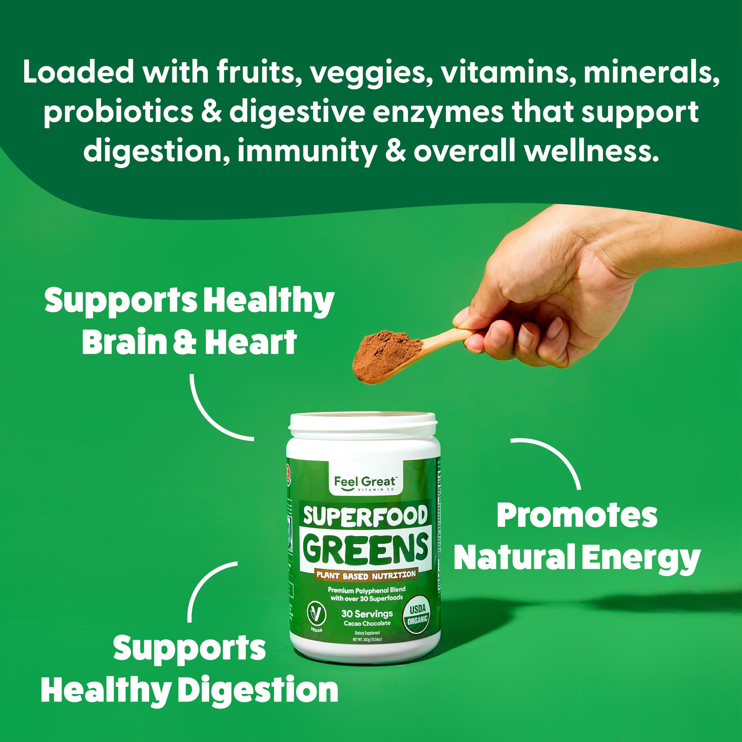 The Feel Great Organic Greens Bottle highlights USDA Organic certification and clean ingredients.