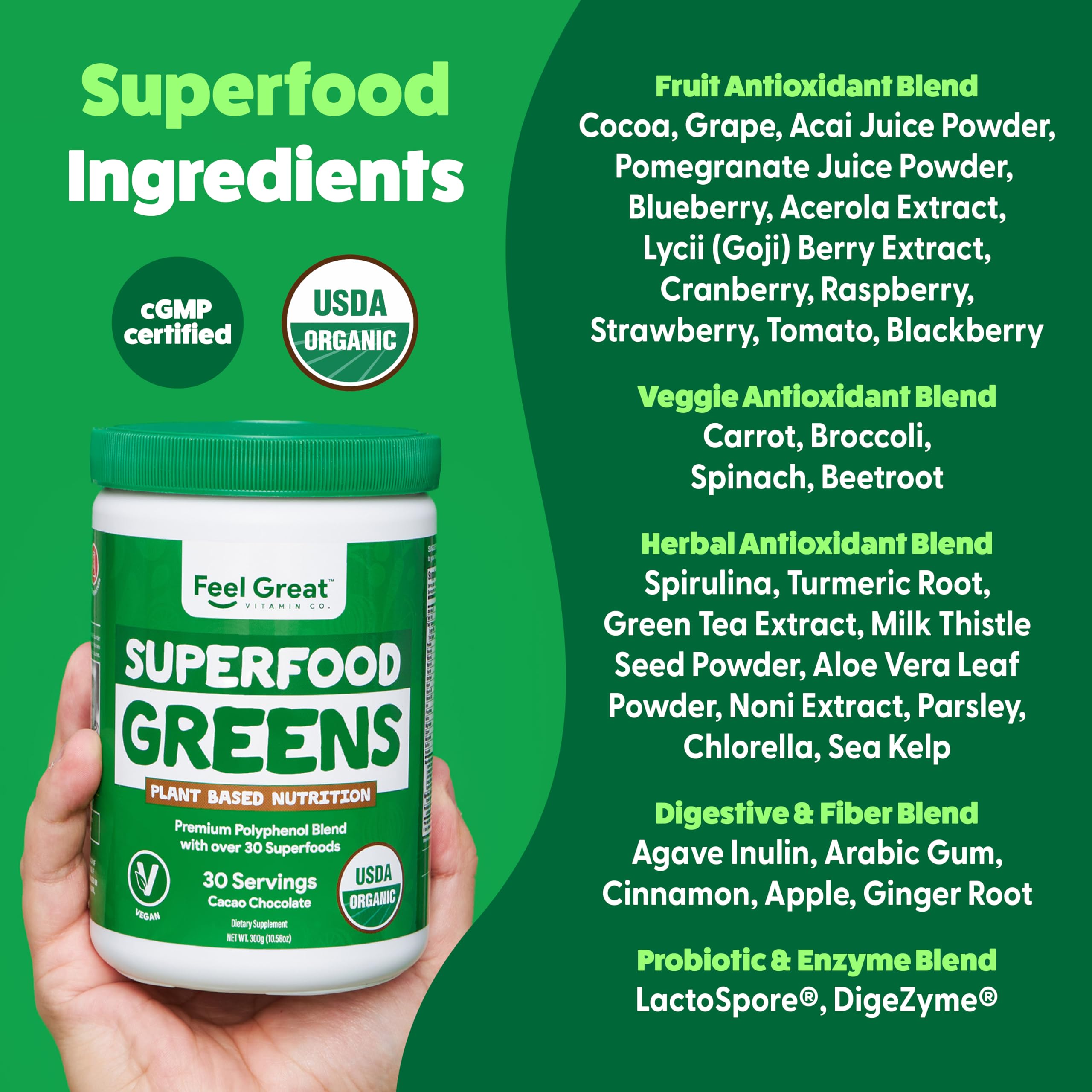 The Feel Great Greens powder dissolving into water demonstrates easy smoothie-ready mixing.