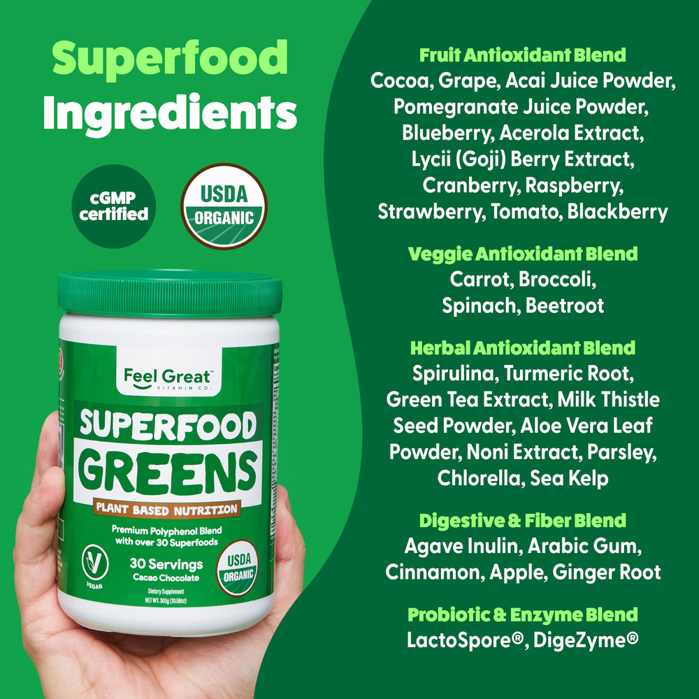 The Feel Great Greens powder dissolving into water demonstrates easy smoothie-ready mixing.