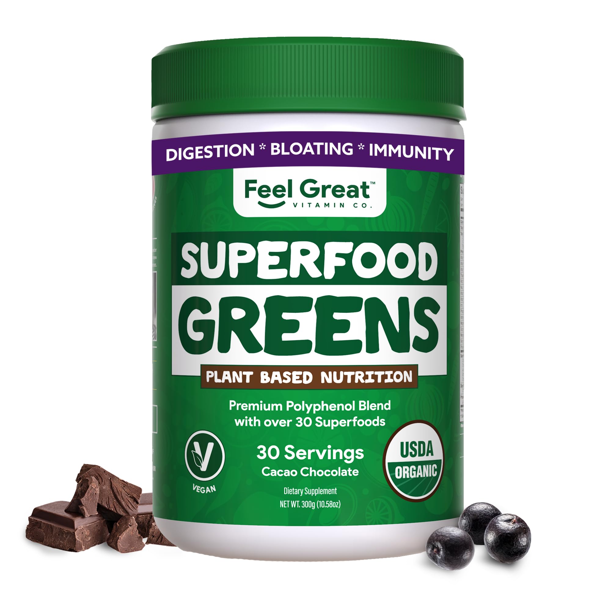 The Feel Great Organic Greens Powder cocoa chocolate label close-up, highlighting premium organic ingredients.