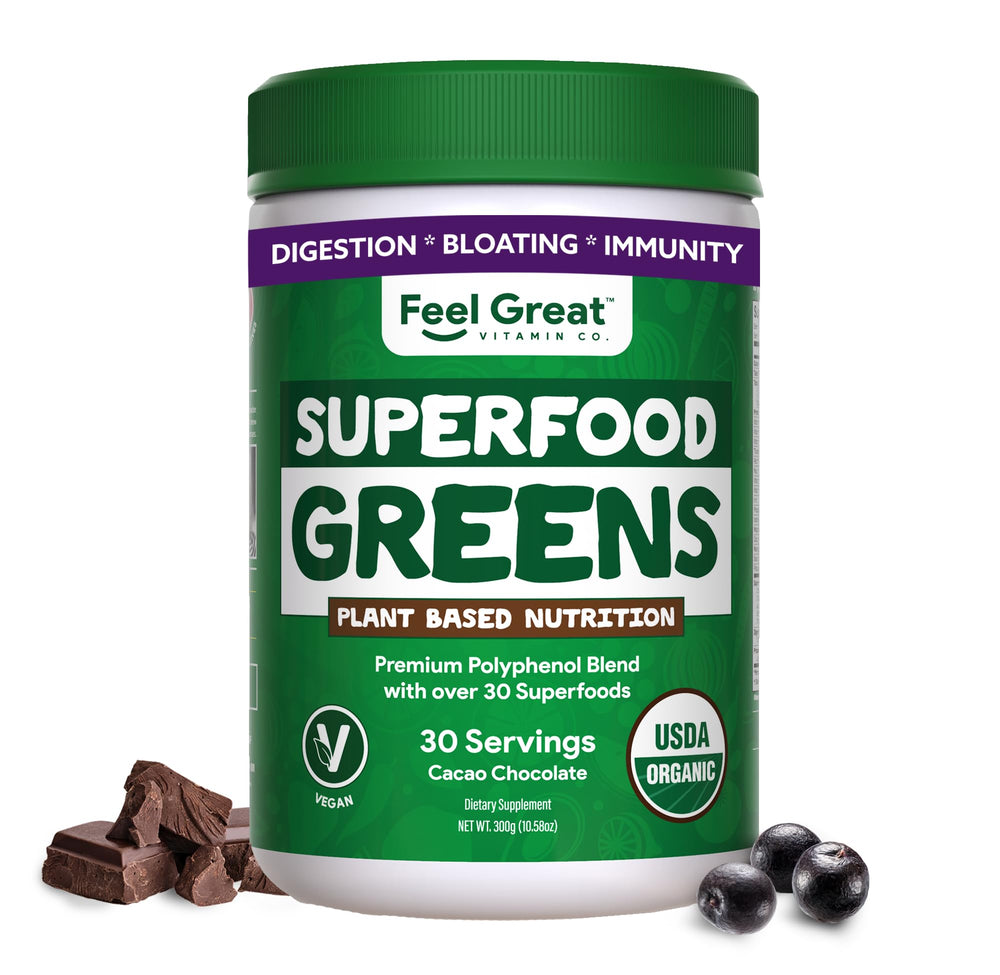 The Feel Great Organic Greens Powder cocoa chocolate label close-up, highlighting premium organic ingredients.