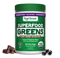 The Feel Great Organic Greens Powder cocoa chocolate label close-up, highlighting premium organic ingredients.