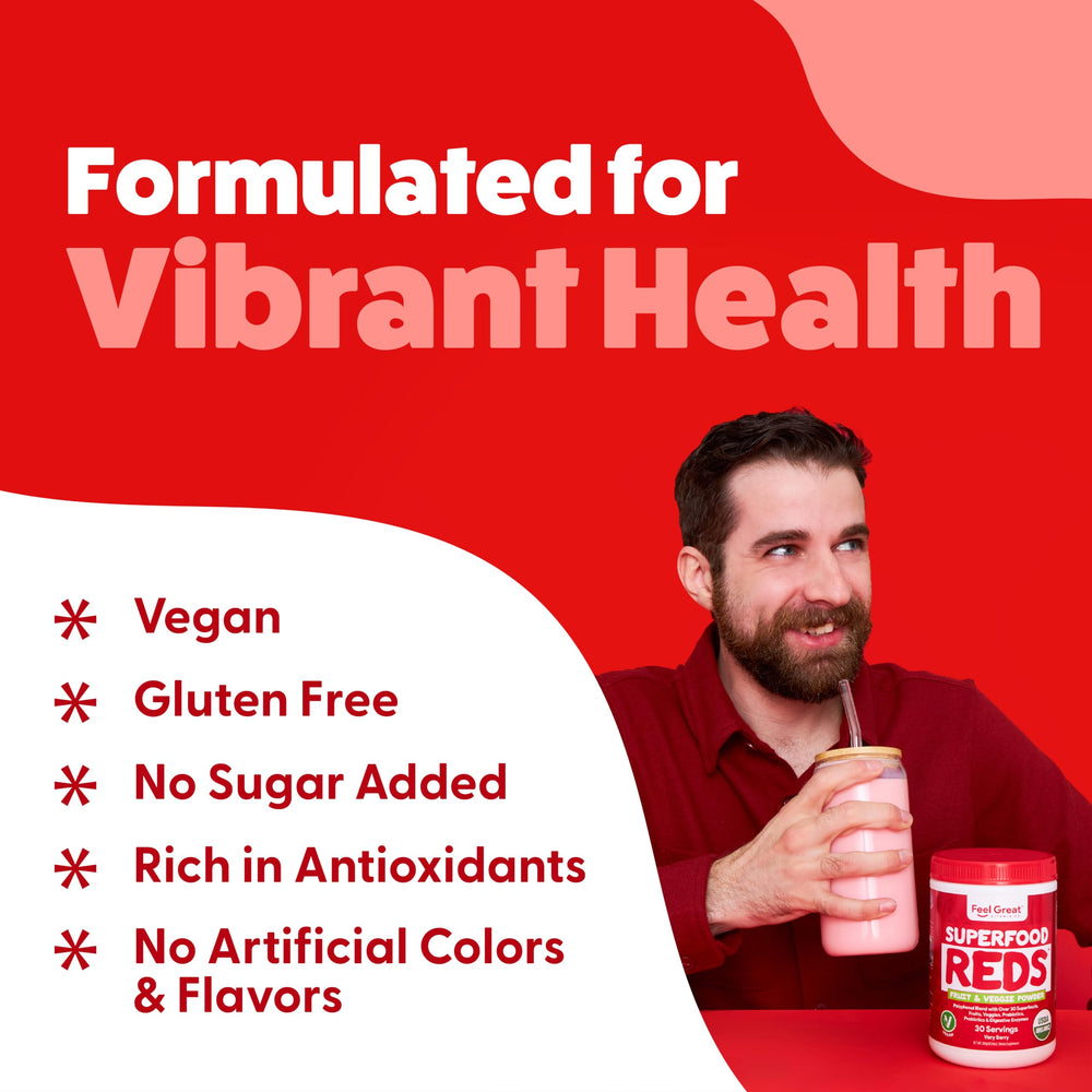 The Feel Great Organic Reds Powder blender bottle signals versatile, on-the-go nutrition.