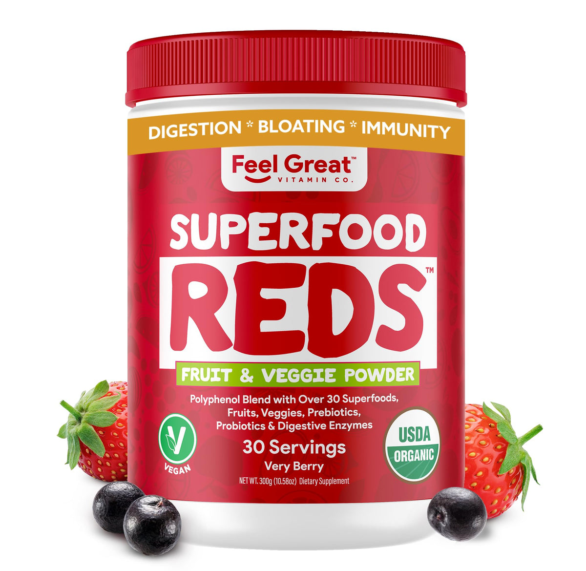 The Feel Great Organic Reds Powder bottle showcases vibrant color for quick daily energy.