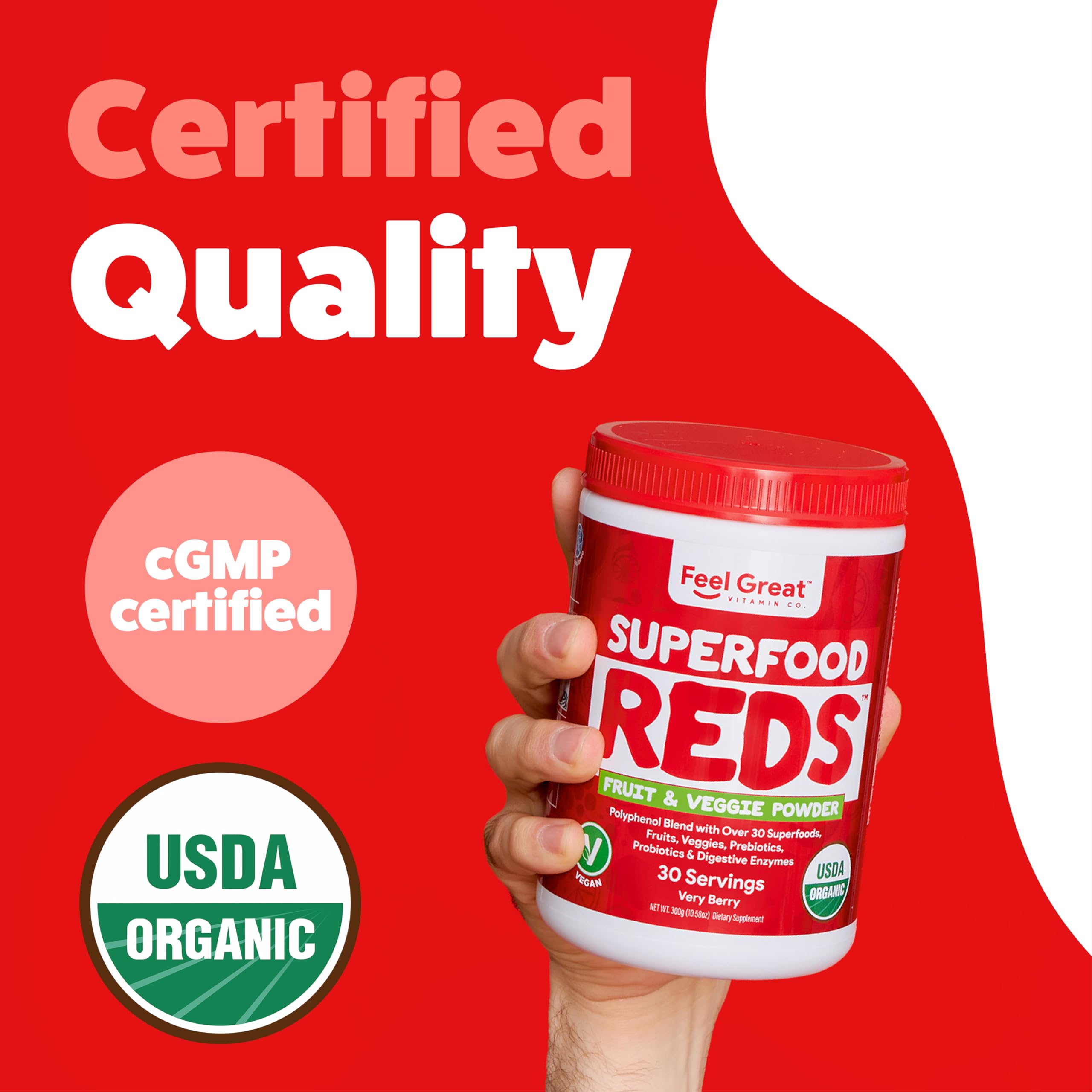 The Feel Great Organic Reds Powder dispensed portion demonstrates precise daily measurement.