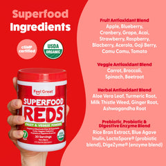 The Feel Great Reds Powder scoop enables precise measurement for a smooth, nutritious shake.