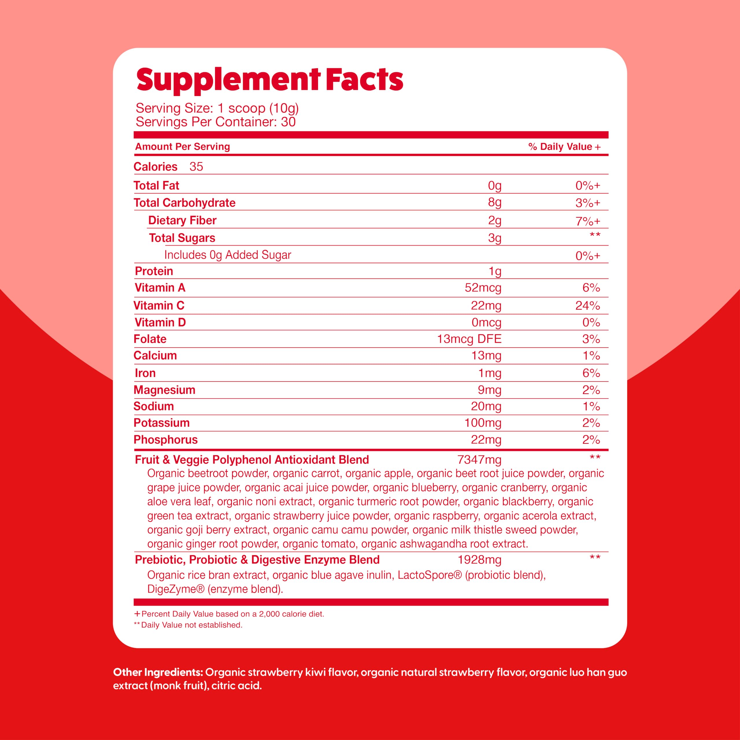 The Feel Great Organic Reds Powder with green smoothie portrays balanced berry-vegetable nutrition.
