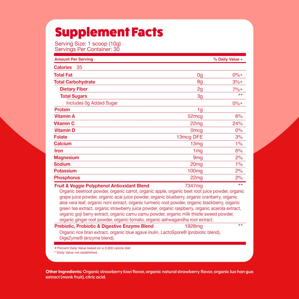 The Feel Great Organic Reds Powder with green smoothie portrays balanced berry-vegetable nutrition.