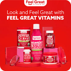 The Feel Great Reds Powder in fruit juice image invites a refreshing daily ritual.