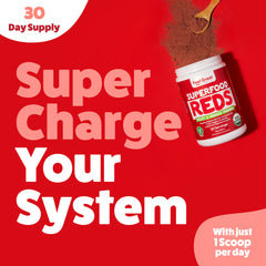 The Feel Great Reds Powder ingredients panel showcases polyphenols and digestive-friendly components.