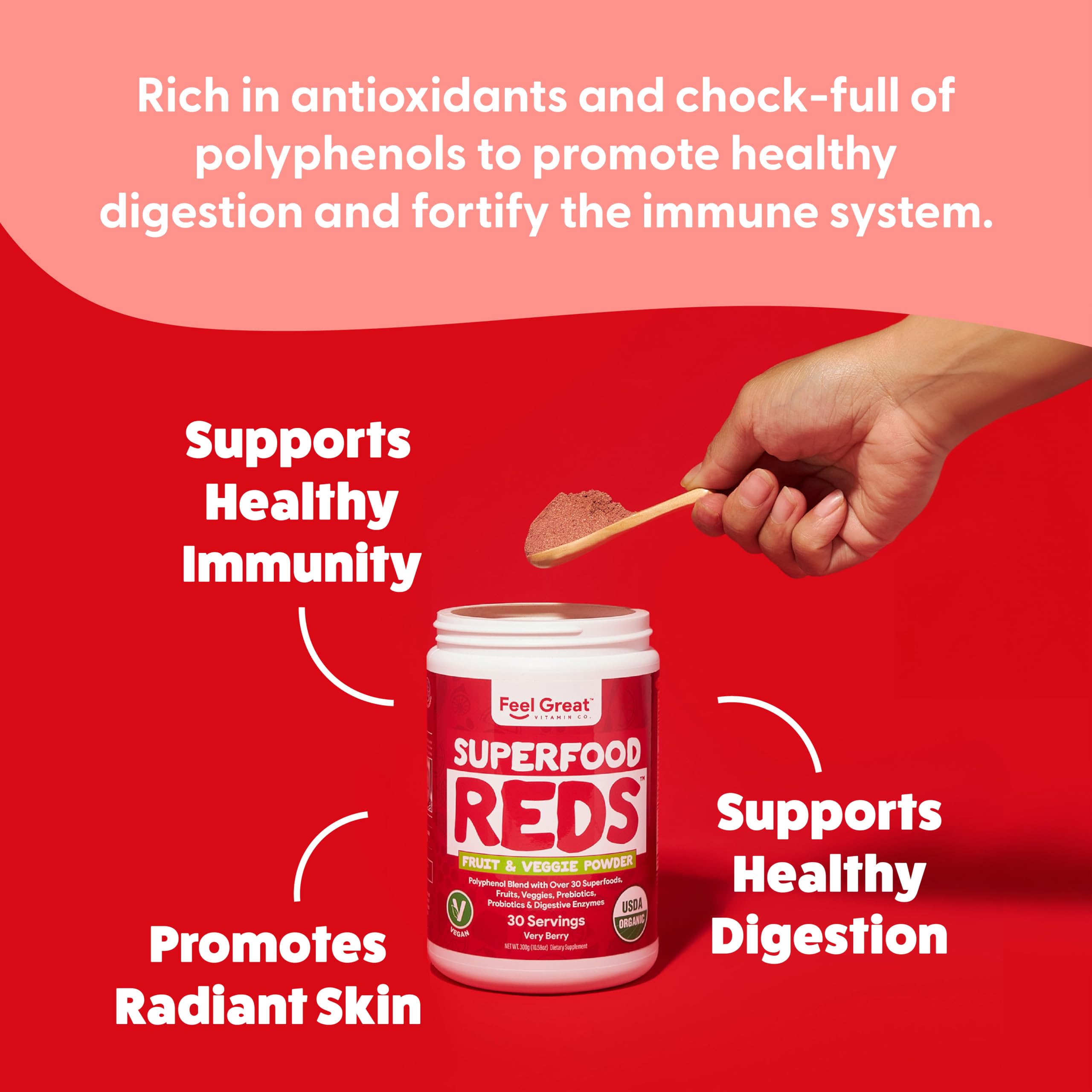The Feel Great Reds Powder mixing glass suggests effortless blending with water or juice.
