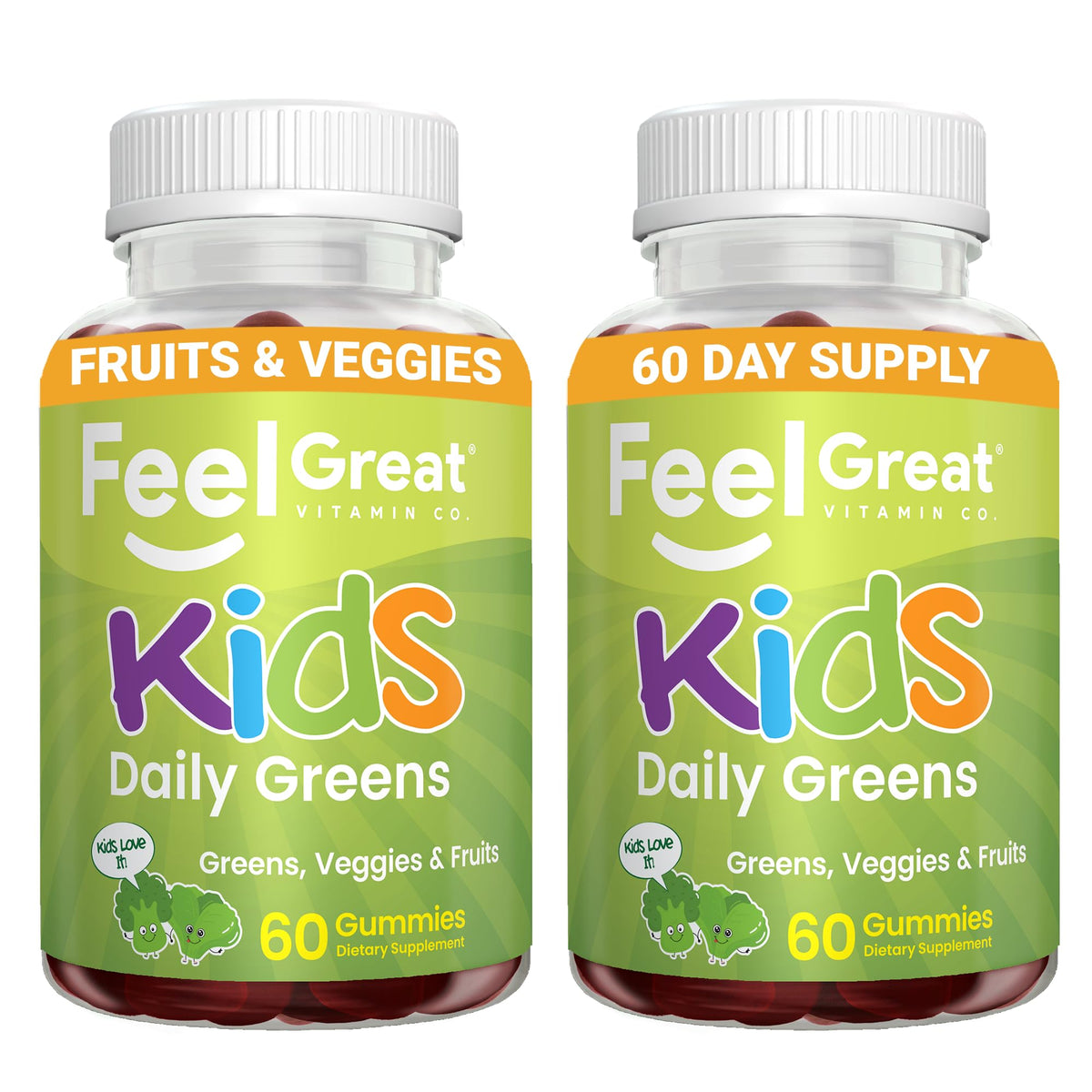 Feel Great Super Green Kids bottle highlights convenient, vegan veggie multivitamin nutrition.