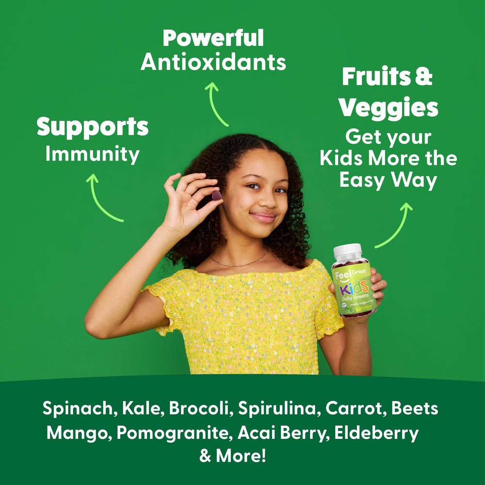Feel Great Super Green Kids fiber gummies close-up suggests easy digestive support.