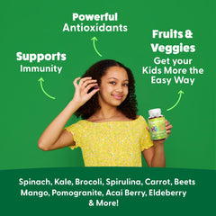Feel Great Super Green Kids fiber gummies close-up suggests easy digestive support.