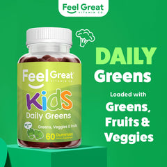 Close-up of Feel Great Super Green gummies emphasizes a tasty, kid-friendly watermelon flavor.