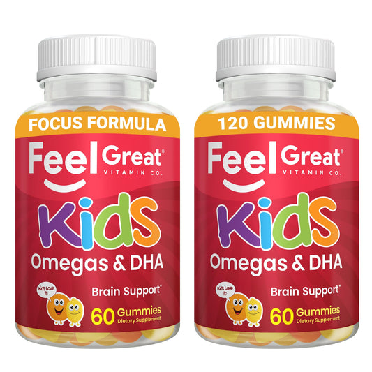 The Feel Great Vitamins Kids DHA Gummies bottle on a table, omega-3 support for focus