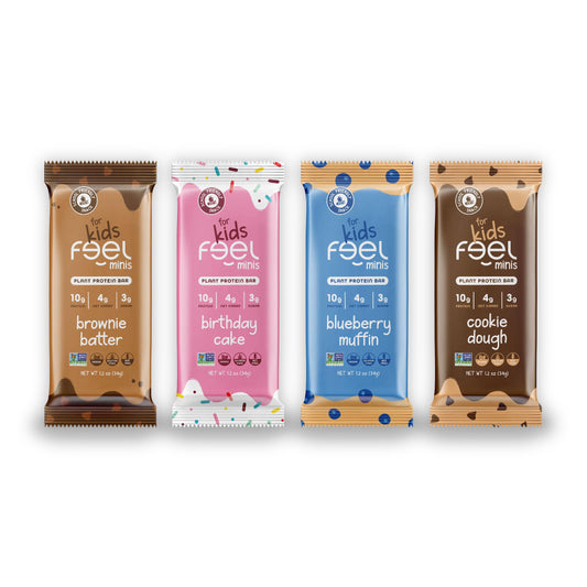 FEEL Kids Protein Bars Minis variety pack front view in lunchbox for balanced snack