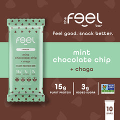 Feel vegan bars mint chocolate chip bar slice reveals plant protein and chaga.
