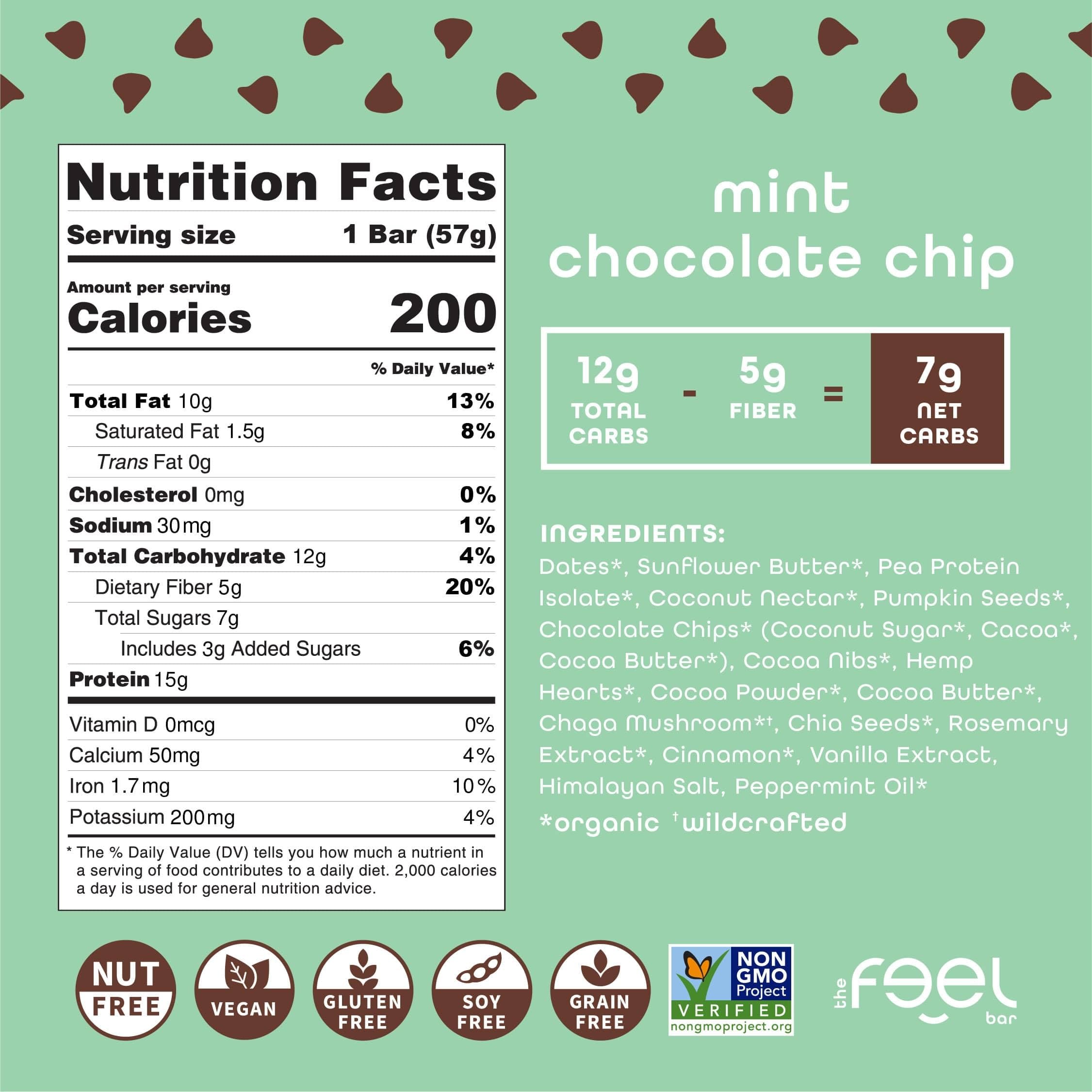Feel vegan bars mint chocolate chip on-the-go packaging ideal for travel.