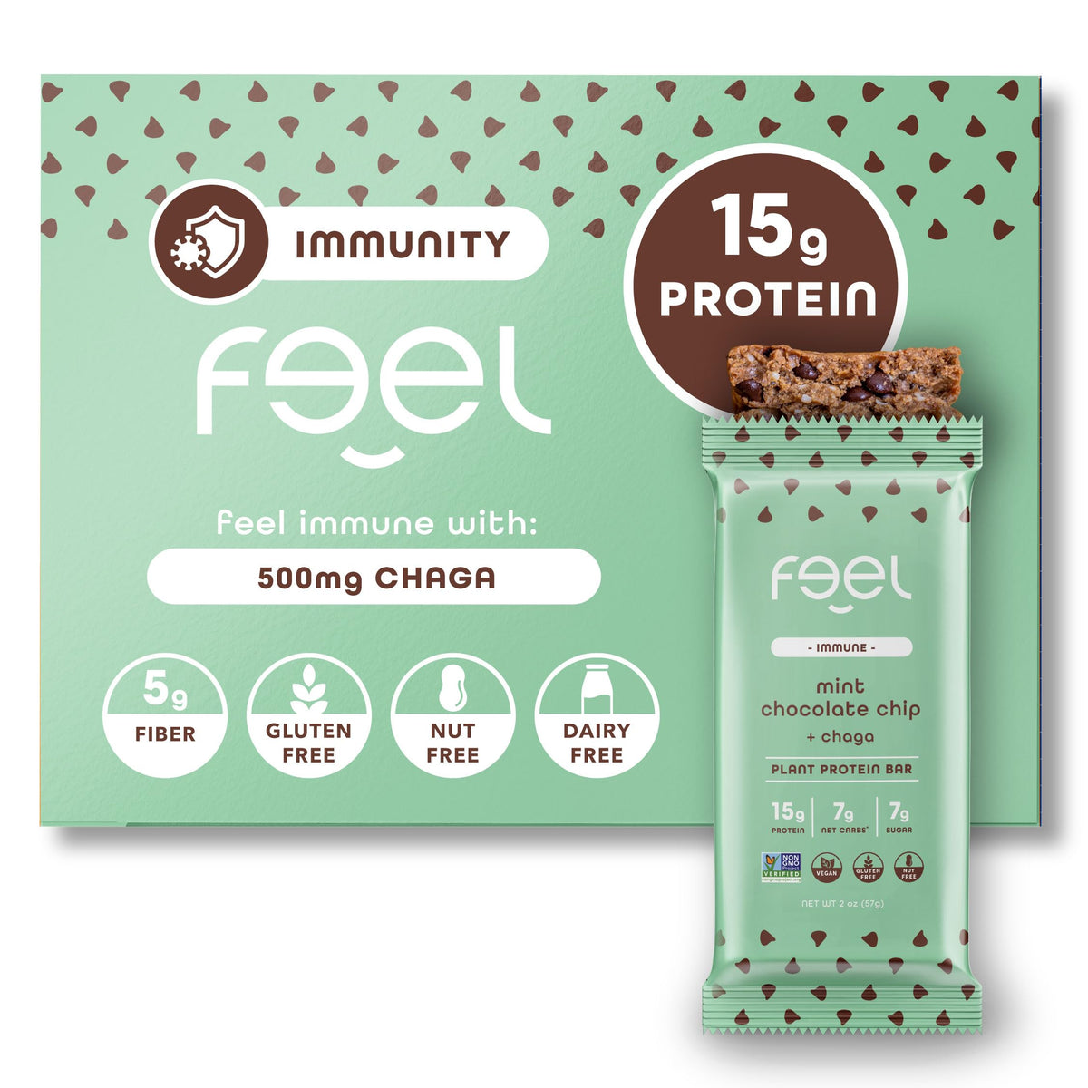 Feel vegan bars mint chocolate chip packaging highlights keto and gluten-free ingredients.