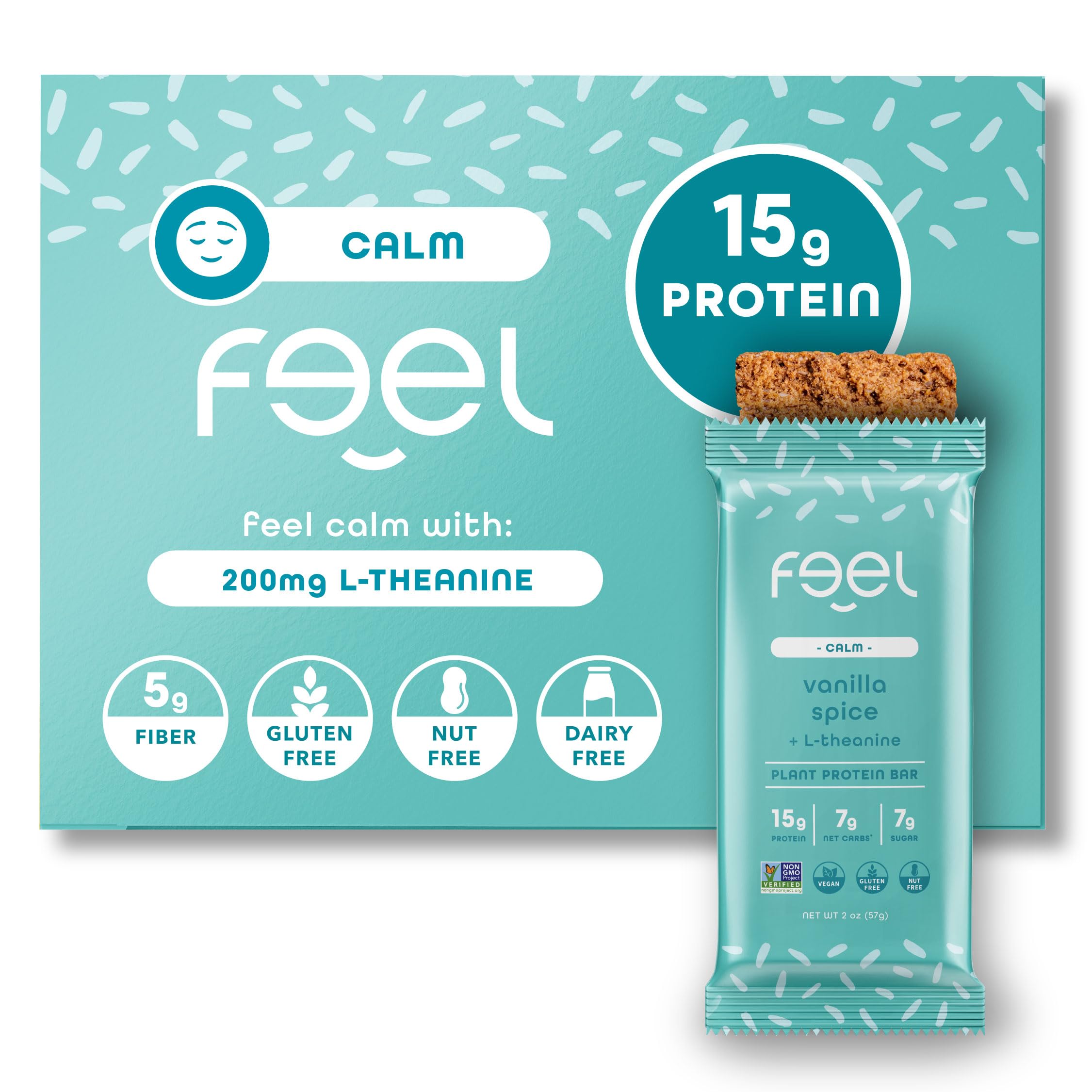 FEEL Calm vegan protein bar in vanilla spice packaging for mindful snacking