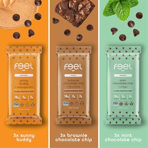 FEEL Vegan Protein Bars close-up texture and chocolate-mint flavor.