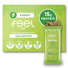 FEEL vegan protein bars energize packaging, a clean energy snack for busy days.