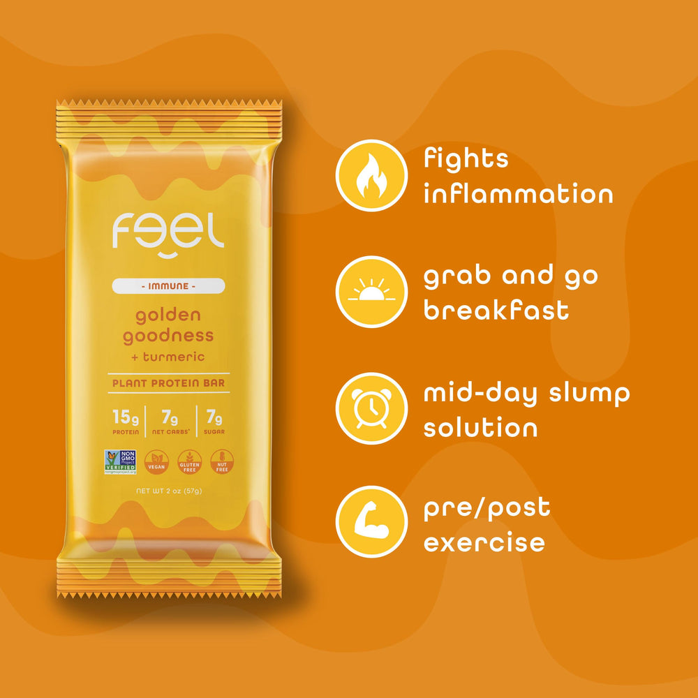 FEEL vegan protein bars Golden Goodness label closeup emphasizes turmeric-rich flavor and clean ingredient list