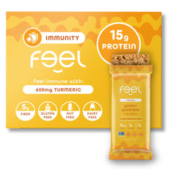 FEEL vegan protein bars Golden Goodness pack shot highlights keto-friendly, gluten-free snack