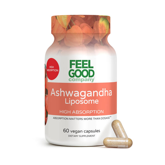 FeelGood Liposomal Ashwagandha bottle shows 600 mg per capsule for high absorption.