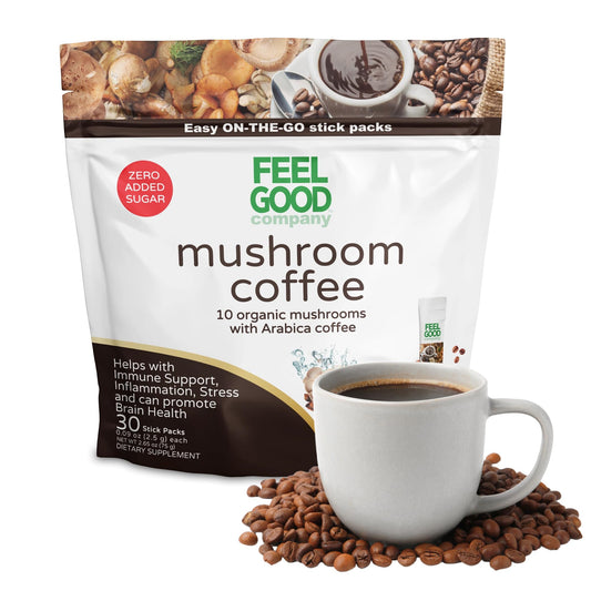 FeelGood Mushroom Coffee bag front shows 10 organic mushrooms for focused energy