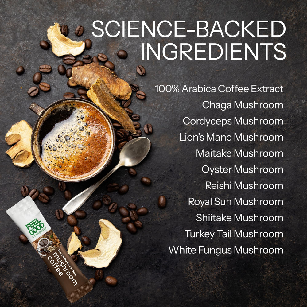 FeelGood Mushroom Coffee zero-sugar label emphasizes clean taste