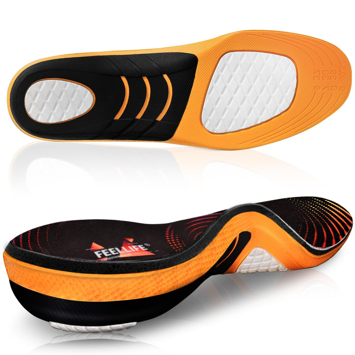 FEELLIFE plantar fasciitis relief insole close-up showcasing arch support and soft cushioning.