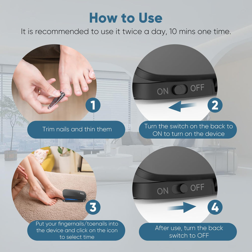 FEIGOMA Nail Fungus Light Device close-up on nails during treatment.