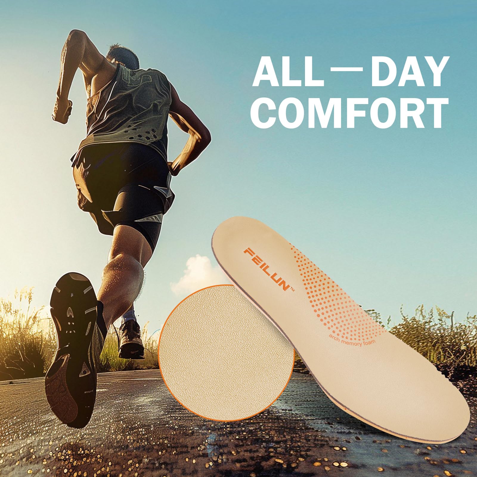 FEILUN memory foam insoles enhanced cushioning for running and walking.